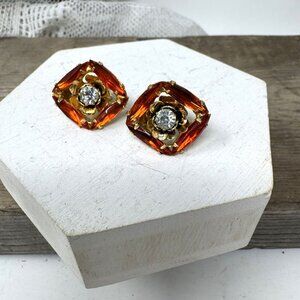 Vintage Gold-Tone Clip-On Earrings With Amber/Orange & Clear Rhinestones